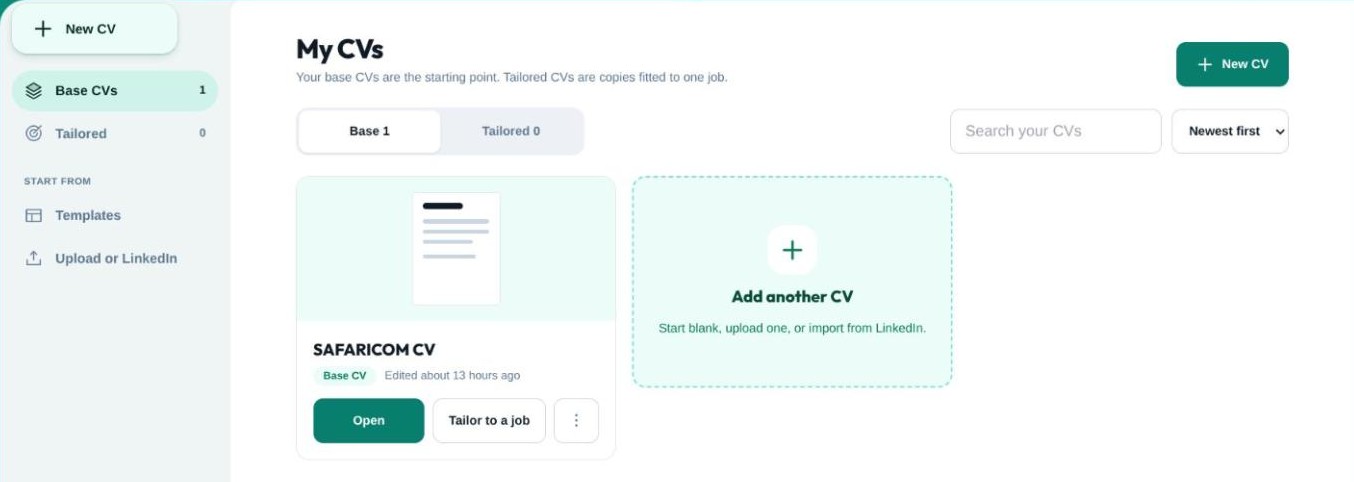 The My CVs screen with a CV card